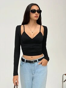 SHEIN EZwear Damska jednokolorowa, długa, dopasowana, skrócona, casualowa koszulka z długim rękawem, wiosna i lato - Czarne - Zobacz 4