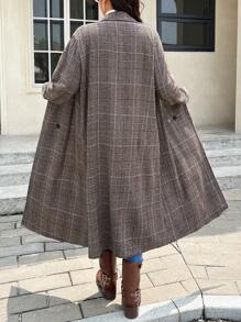 SHEIN Frenchy 大码秋季长款外套，格子外套，外出装，机场装，大翻领外套，前扣长袖平领长款休闲外套，适合冬季 - 彩色 - 查看 7