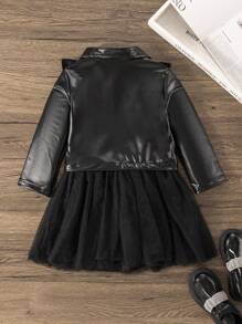 SHEIN Young Girl Solid Color Zipper Ruffle Trim Long Sleeve Jacket And Contrast Color Camisole Dress 2pcs/Set