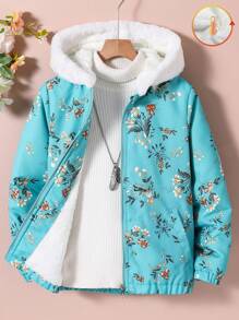 Tween Girl Fluffy Collar Hooded Printed Thermal Lined Jacket - Mint Green - View 1