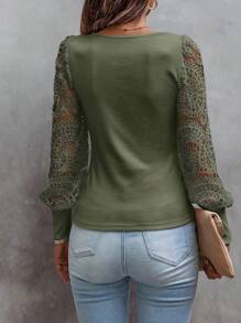 SHEIN LUNE Áo cánh ren tay đèn lồng cổ tròn trơn mùa thu cho nữ thanh lịch - xanh quân đội - Xem 2