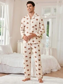 Bear Print Lapel Cardigan & Pants Men Pajama Set - Apricot - View 7