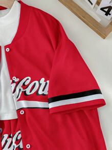 SHEIN Girlism 青少年女孩篮球球衣拼色条纹字母印花短袖衬衫、短裤、吊带背心运动休闲装 - 紅色 - 查看 5