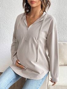 SHEIN 孕妇休闲简约拉链半开抽绳连帽运动衫，秋季 - 卡其色 - 查看 4