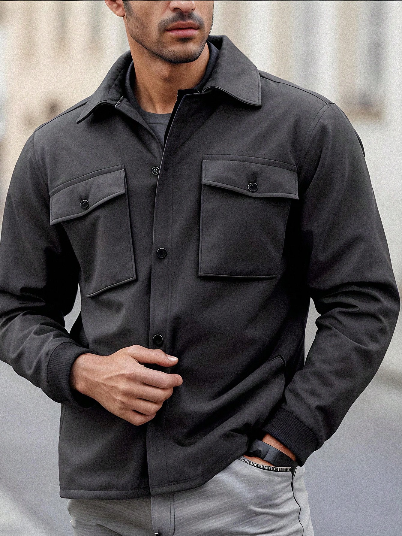 Manfinity Dauomo Men's Solid Color Front Button Pocket Casual Long Sleeve Shacket