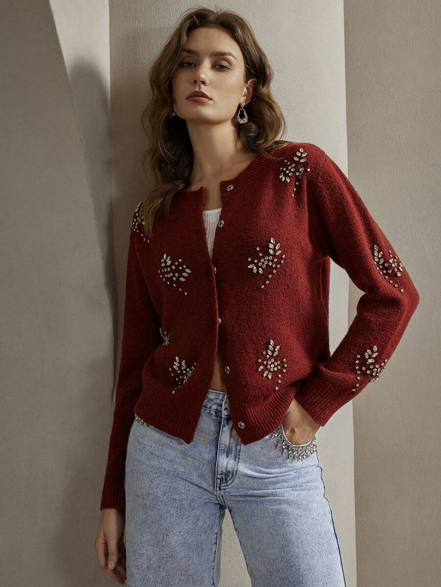 Anewsta Women's Autumn Long Sleeve Hand-Embroidered Diamond Decorated Knit Cardigan For New Year Clothes
