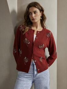 Anewsta Women's Autumn Long Sleeve Hand-Embroidered Diamond Decorated Knit Cardigan For New Year Clothes