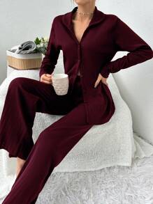 EURMUSE 100%Cotton Shirt Style Buttoned Striped Dark Blue 2-Piece Pajama Set - Burgundy - View 1