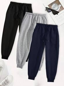 3pcs Men Casual Solid Color Drawstring Waist Oblique Pocket Jogger Sweatpants