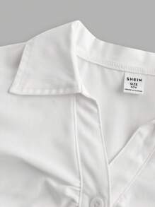 Tween Girl White Collared Shirt, Fitted Waist & Flare Sleeve, V-Neck, Elegant Casual & Versatile, Spring, Fall, Winterholiday,Summer,Travel,Getaway - White - View 4