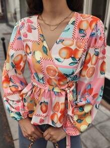 SHEIN BAE Women's Spring & Summer Fruit Print Tie-Waist Ruffle Hem Elegant Blouse Fall Cloth For Women - Multicolor - View 3