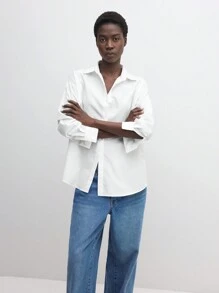BizChic Blusa Casual Feminina de Manga Longa em Algodão Branca, Elegante para Ir ao Trabalho, Ação de Graças, Natal - Branco - Visão 5