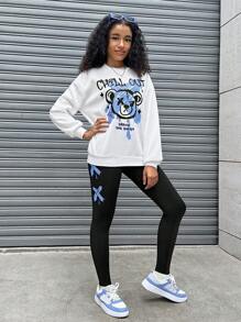 SHEIN Leap Crew Bộ 2 quần dài tay rộng rãi in hình gấu và quần legging cổ tròn cho bé gái tuổi teen - Màu xanh lam - Xem 4