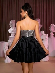 SHEIN Belle Váy nhiều lớp bằng vải satin đen tương phản bạc sáng cổ điển thanh lịch và lộng lẫy, thích hợp cho tiệc độc thân, tiệc vũ hội, năm mới, váy bán trang trọng, cho sinh nhật, khách dự tiệc cưới, tiệc tốt nghiệp - màu đen - Xem 2