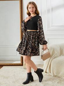 SHEIN 少女黑色碎花拼布腰部 A 字形长袖复古优雅连衣裙，乡村风格 - 黑色 - 查看 4