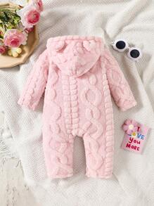 Enterizo de bebé niña con capucha de diseño de conejo, de franela jacquard rosa, cálido y casual para el invierno - Rosa - Ver 2