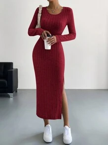 SHEIN Essnce 纯色圆领罗纹开衩长袖超长连衣裙 - 酒紅色 - 查看 5