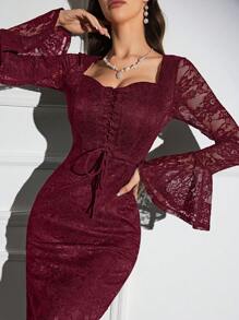 Modelyn Burgundy Red 1pc Women's Square Neck Lace Patchwork Pleated Elegant Long Sleeve Dress Long Evening Dresses