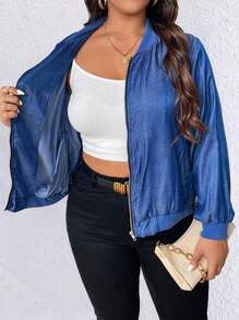 Calvaya Plus Size Spring Autumn Casual Denim Effect Baseball Collar Jacket - Blue - View 1
