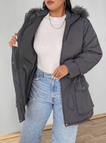 SHEIN MOOSTA Plus Size Women Padded Padded Coat Clothes Winter With Fluffy Collar And Pockets - Dark Grey - View 8