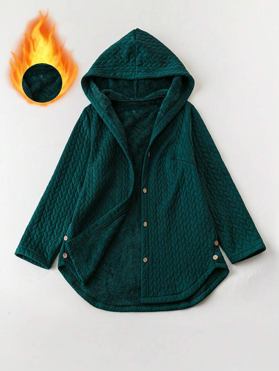 SHEIN LUNE Áo khoác lông cừu trùm đầu đơn giản ấm áp cỡ lớn màu trơn cài nút cho mùa thu/đông - màu xanh lá - Xem 1