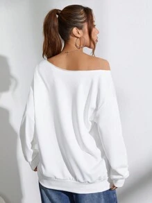 Flirla 一件不对称肩部英文印花卫衣，百搭套头衫，秋季必备 - 白色 - 查看 2