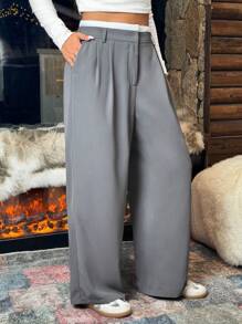 SHEIN EZwear Plus Size Retro Patchwork Waist Band Casual Straight-Leg Trousers