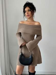 Rafferiza Elegant Fitted Off-Shoulder Cinched Waist Knit Warm A-Line Long Sleeve Solid Color Sweater Dress For Women, Autumn/Winter Fall Cloth For Women - Brown - View 5