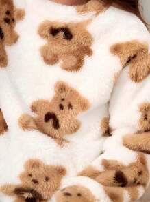 SHEIN Tween Girl Bear Print Flannel PJ Set - Beige - View 3