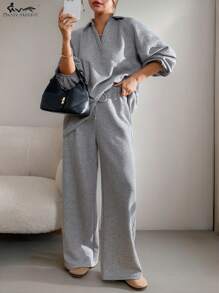 SHEIN Essnce 2pcs Women Fall Sets Women's Casual Solid Color Textured V Neck Long Sleeve Top And Straight Wide-Leg Pants Elastic Waist Pants Women Pants Set Winter Women Sets Outfit Sets Fall Two Pieces Sets Airport Women Outfits - Grey - View 5
