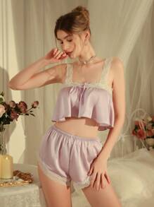Women's Solid Color Lace Patchwork Thick Strap Top And Elastic Waist Shorts Lingerie Set - Purple - View 1