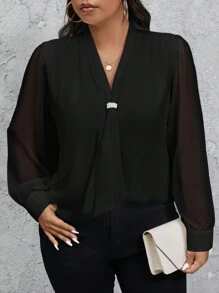 SHEIN Privé Blusa de botones blanca ajustada con adorno de lazo y cuello de perlas, uso de oficina elegante/casual, primavera/otoño, talla grande - Negro - Ver 8