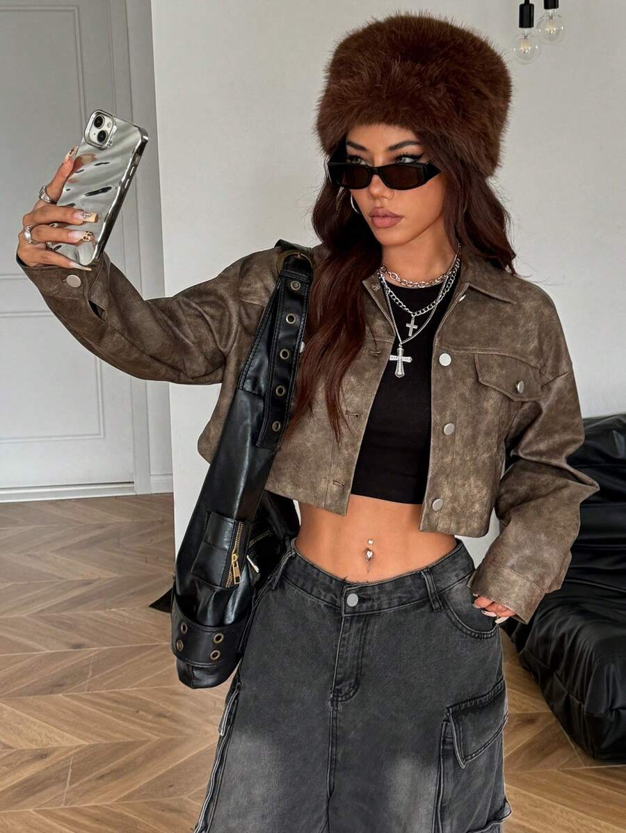 SHEIN EZwear Veste courte décontractée rétro à manches longues et épaules dégagées avec effet tie dye, automne - Acajou - Voir 1