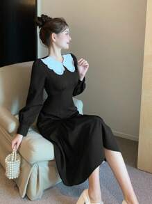 DAZY 1 件女士优雅彼得潘领撞色长款鱼尾下摆连衣裙，秋季、生日、新年舞会礼服，荷叶边 - 黑色 - 查看 8