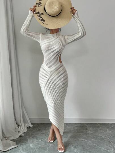 Rafferiza Women Solid Color Long Sleeve Hollow Out Simple Long Dress, Casual Everyday Wear Fall Winter Cloth For Women