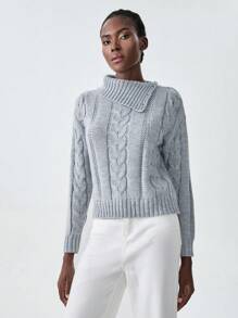 SHEIN Unity 纯色绞花针织圆领长袖毛衣，秋冬针织套头衫 - 灰色 - 查看 5
