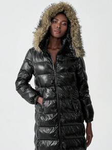 Chiquease Chaqueta larga con capucha y cremallera frontal de unicolor y textura esponjosa para mujer, ropa de abrigo informal para el invierno - Negro - Ver 1