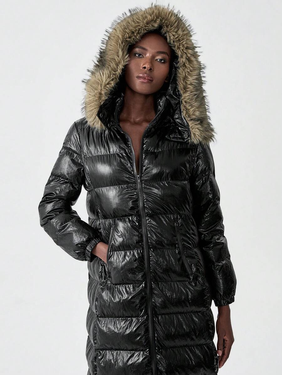 Chiquease Chaqueta larga con capucha y cremallera frontal de unicolor y textura esponjosa para mujer, ropa de abrigo informal para el invierno - Negro - Ver 1