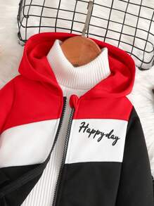 2pcs/Set Baby Boy Casual Letter Print Color Block Zip Up Hooded Jacket & Sweatpants Outdoor Fall/Winter Outfits - Multicolor - View 8
