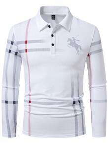 Manfinity Homme Men's Plaid Print Casual Commuter Long Sleeve Polo Shirt, Autumn,Boy Friend Gifts,White Polo - Multicolor - View 6
