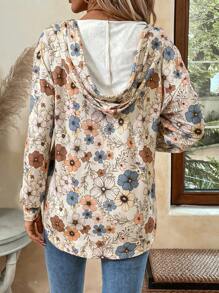 EMERY ROSE Women's Hooded Drawstring Button Down Long Sleeve Casual Solid Color Loose Sweatshirt, Suitable For Daily Wear - Multicolor - View 2