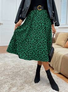 SHEIN LUNE Chân váy midi họa tiết da báo thanh lịch và thời trang dành cho nữ - màu xanh lá - Xem 5