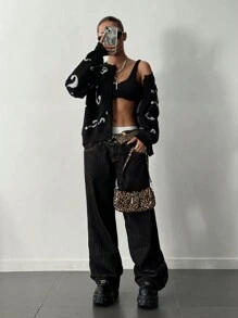 SHEIN Unity Áo thun tay dài cài nút phía trước cho nữ, phong cách tối giản - màu đen - Xem 1