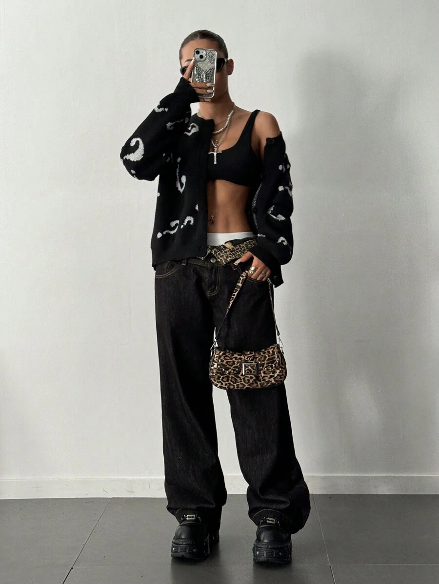 SHEIN Unity Áo thun tay dài cài nút phía trước cho nữ, phong cách tối giản - màu đen - Xem 1