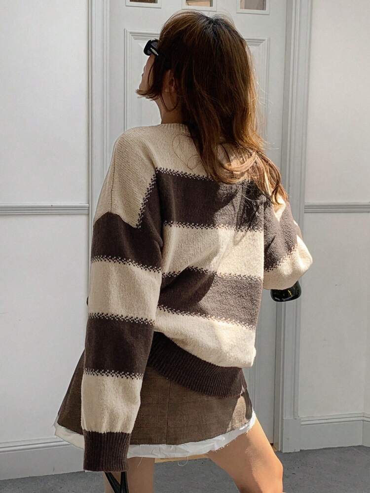 Striped Loose Fit Crew Neck Women Sweater, Long Sleeve,Fall Women Clothes