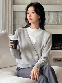 DAZY Áo len cài nút trang trí hàng ngày 2 trong 1 màu sắc đơn giản cho nữ, mùa thu/đông - Màu Xám nhạt - Xem 7