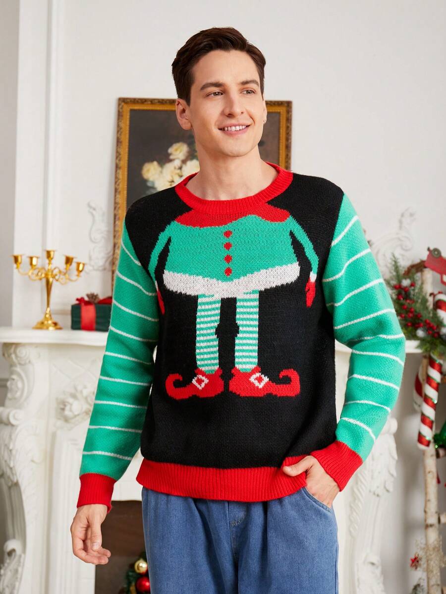 SHEIN Red Long Sleeve Christmas Sweater For Men, Icelandic Pattern, Autumn & Winter - Black - View 1