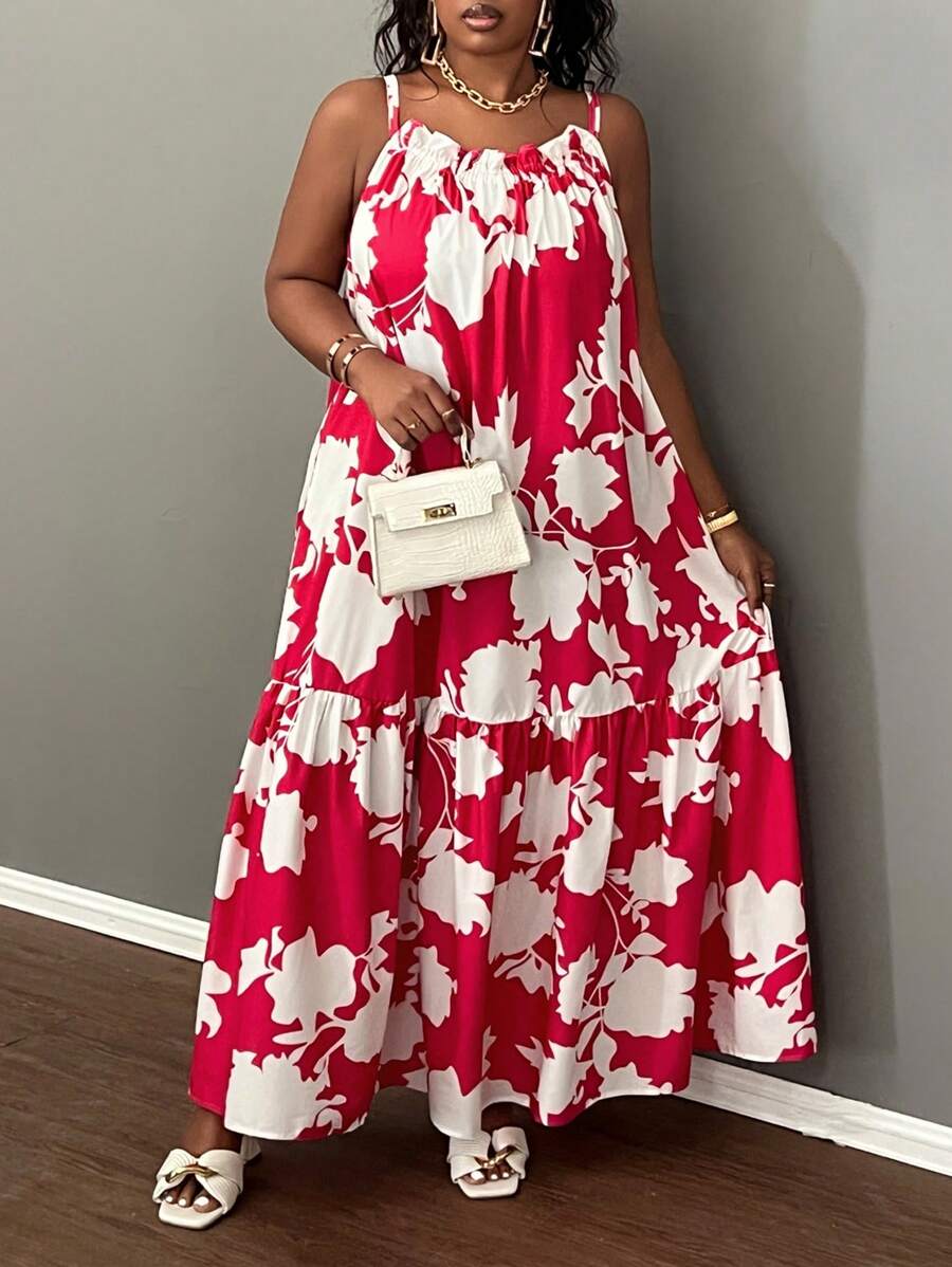 Slaydiva 大码花卉印花荷叶边下摆无袖连衣裙