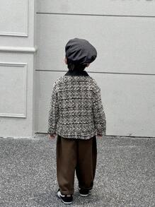 SHEIN 1pc Young Boy Lapel Pocket Plaid Long Sleeve Jacket, Comfortable And Breathable, Suitable For Outdoor Play, Travel, School, Autumn/Winter - Black - View 2