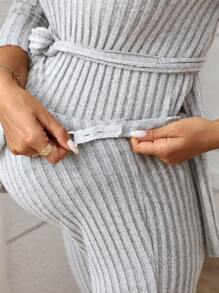 SHEIN Bộ đồ bà bầu dài tay dệt kim gân màu trơn cho nữ, bộ đồ dệt kim gân - Màu Xám nhạt - Xem 6